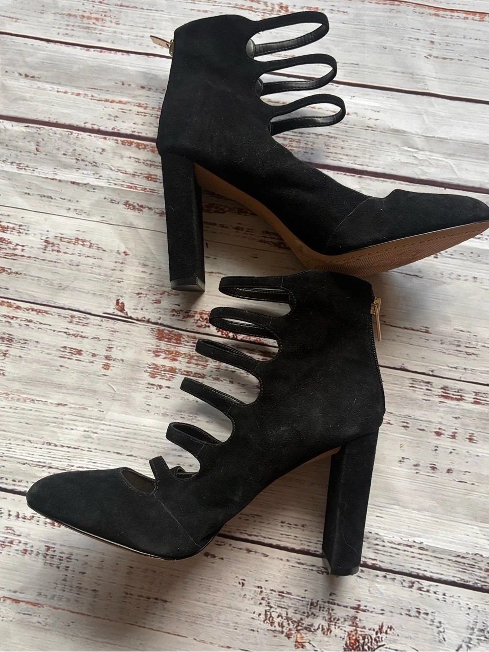 Vince Camuto Women’s Black Strappy Suede Block Heel Pumps